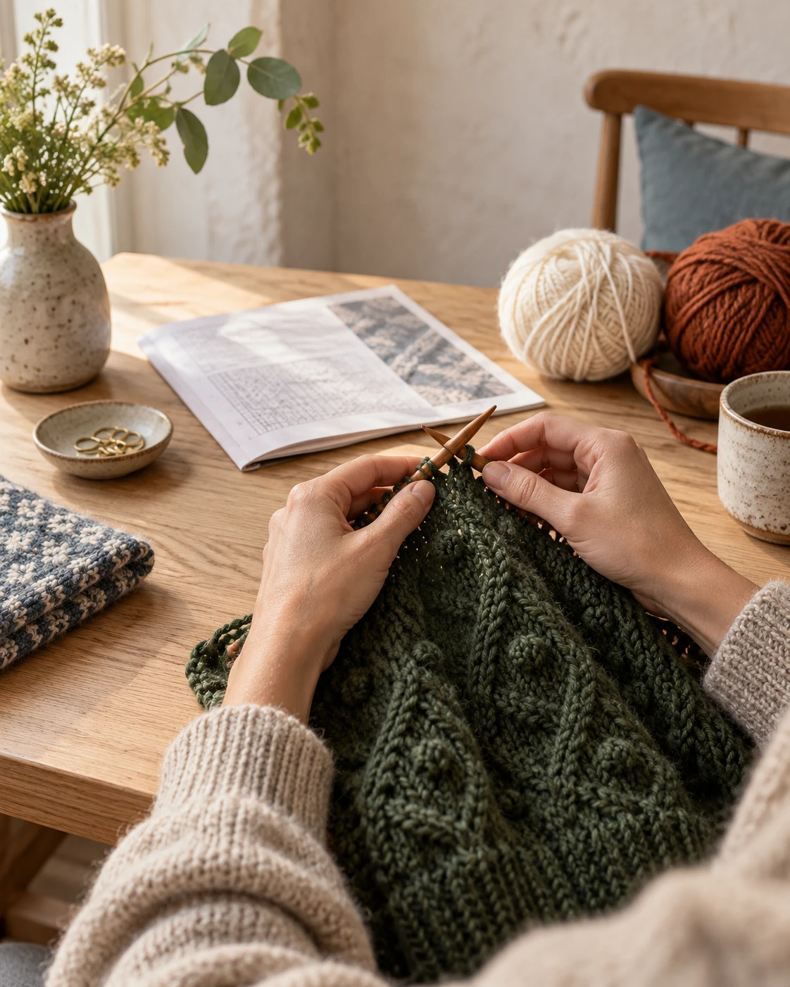 Hands knitting a deep green wool project at a warm wooden table
