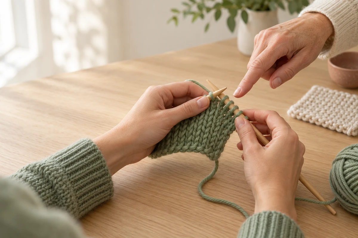 A maker working carefully on a knitting swatch