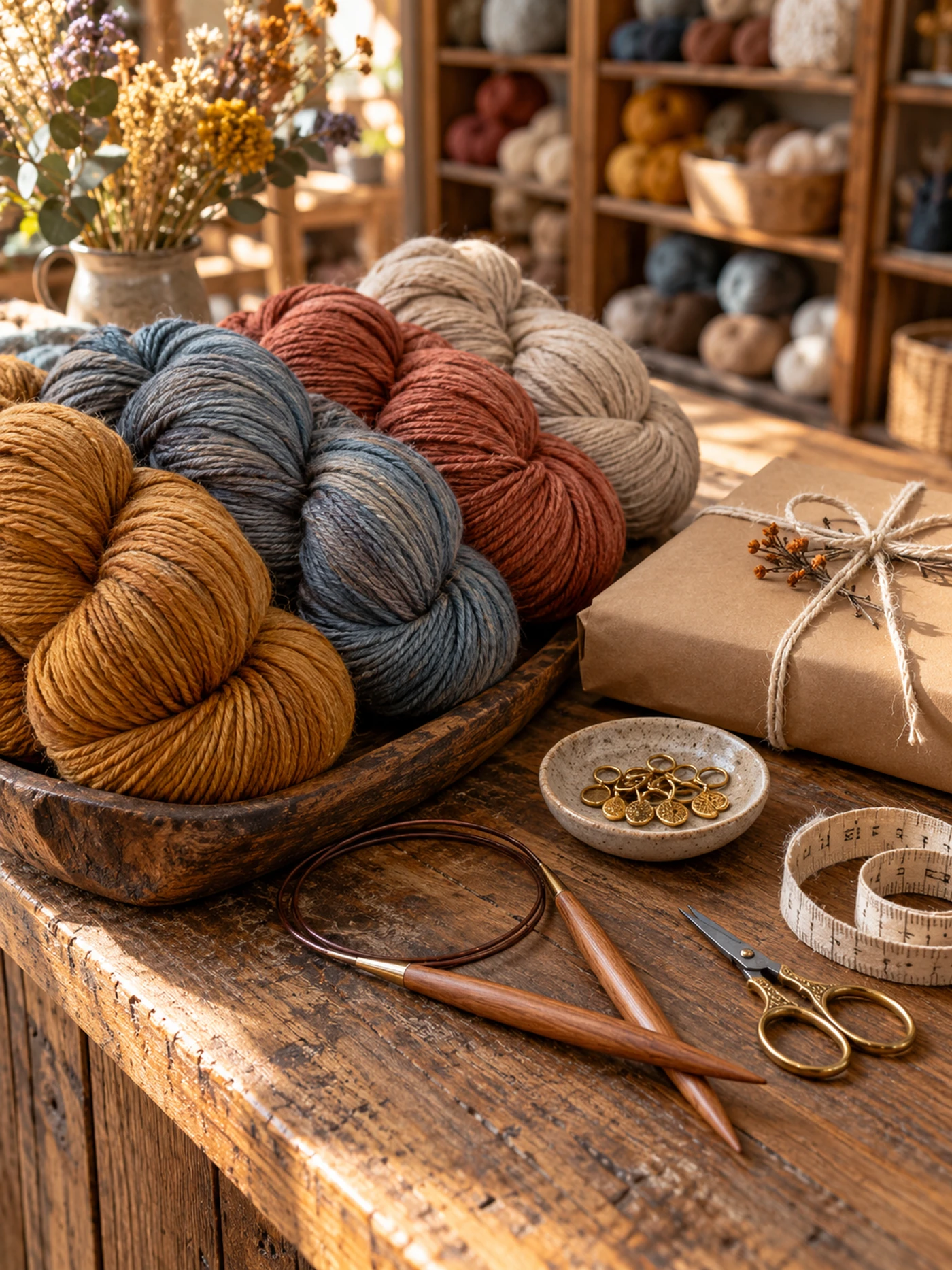 Hand-dyed yarn, wooden needles, and making tools