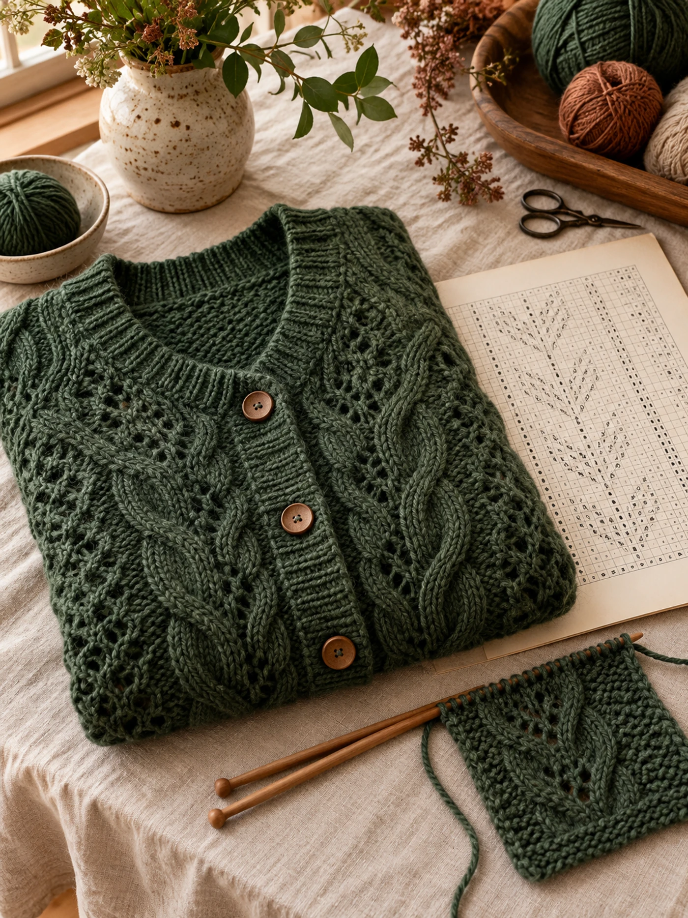 A knitted cardigan beside a pattern and soft yarn